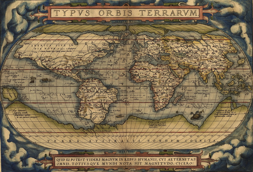 O πρώτος «μοντέρνος» παγκόσμιος χάρτης του Φλαμανδού  Αβραάμ Ορτέλιου (1570 μ.Χ.).