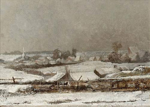 Περικλής Πανταζής, «Χιονισμένο χωριό» (π. 1878). Λάδι σε μουσαμά, 31x41 εκ. Ιδιωτική συλλογή [πηγή: Βικιπαίδεια]