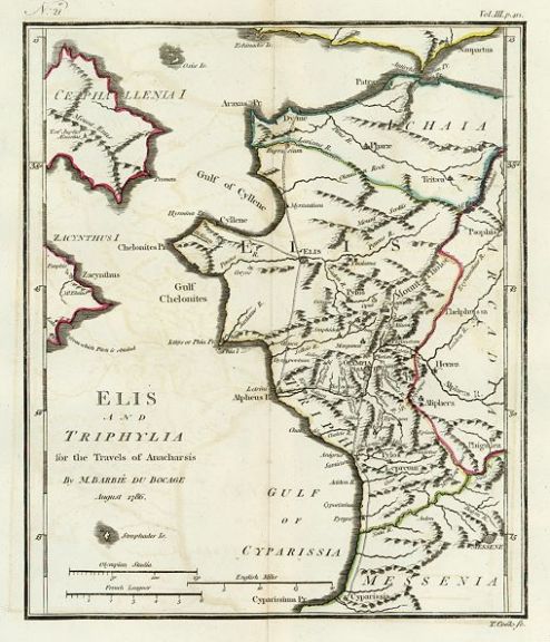 Χάρτης όπου απεικονίζεται η Ήλιδα και η Τριφυλλία. Χαραγμένος από τον T. Cook το 1793.