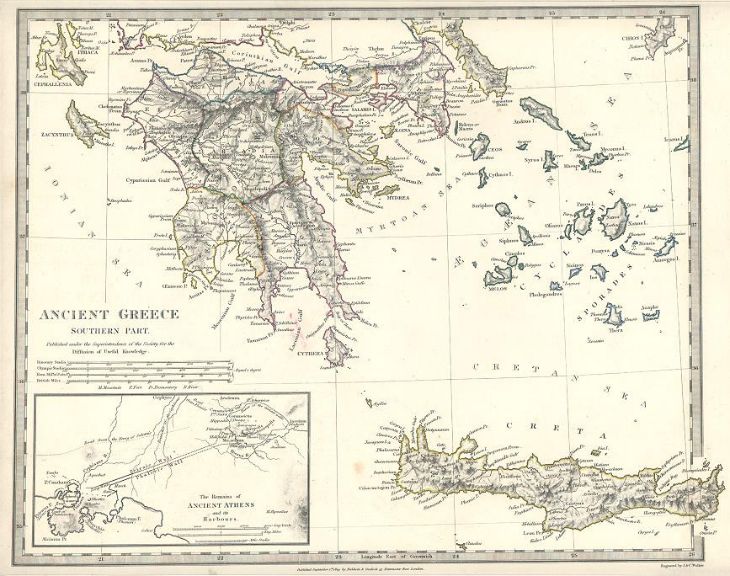 Χάρτης της Πελοποννήσου με την ονομασία: "Αρχαία Ελλάδα,Νοτιότερο τμήμα". Σχεδιασμένος το 1829 από τους J. & C. Walker.