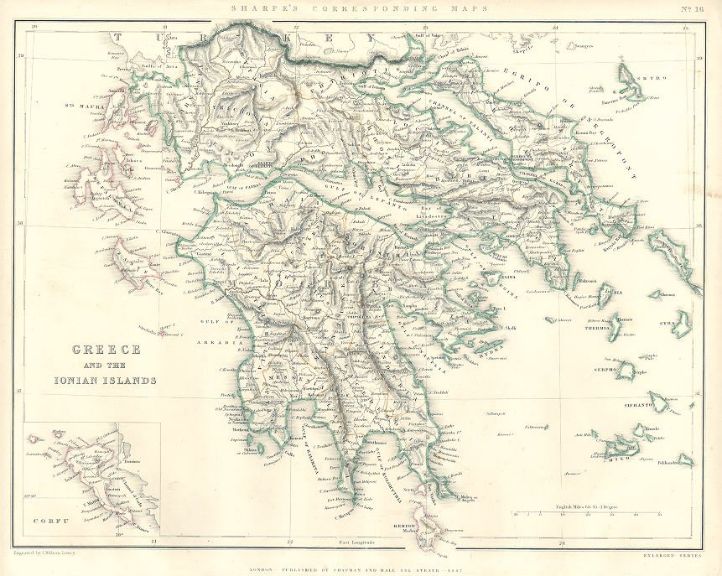 Ο χάρτης της "Ελλάδας και των Ιονίων Νήσων"
		το 1847 σχεδιασμένος από τον J.Wilson Lowry. Δημοσιεύτηκε στο: "Sharpe's corresponding maps".