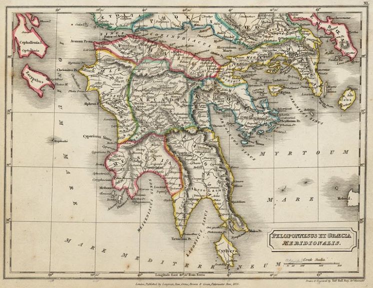 "Πελοπόννησος και Ελλάδα", Meridionalis. Χάρτης του 1827 από τον Sidney Hall, που δημοσιεύτηκε στο "Ένας γενικότερος άτλαντας με στοιχεία αρχαίας και σύγχρονης γεωγραφίας".