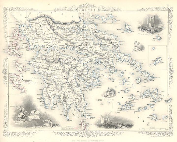 Ένας χάρτης με την Ελλάδα σχεδιασμένος το 1853 για τη δημοσίευσή του στον Άτλαντα του Tallis "The Illustrated Atlas". H κορνίζα διακοσμείται με σχέδια από το ναό του Δία στην Αθήνα, από αρχαίο πολεμικό άρμα και από Έλληνες πειρατές στην Κέρκυρα.