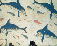 Η τοιχογραφία των δελφινιών από το δωμάτιο της βασίλισσας (αναπαράσταση) [πηγή: «Ο Μινωικός πολιτισμός» Ιστορία Γ΄ Δημοτικού]